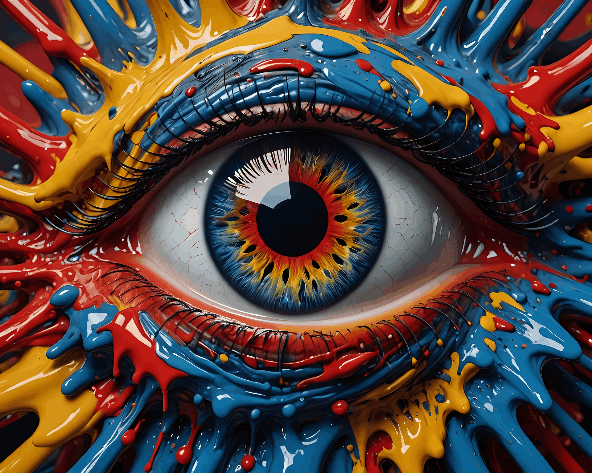 La imagen muestra un ojo humano hiperrealista rodeado de un estallido de pintura en colores vibrantes, principalmente rojo, azul y amarillo. La pupila del ojo es intensa y refleja una combinación de tonalidades cálidas que se fusionan con los colores del iris, creando un efecto hipnótico.  La pintura parece estar derritiéndose o salpicando alrededor del ojo, dando una sensación de movimiento, creatividad y expresión artística. La combinación entre el realismo del ojo y la textura fluida de la pintura genera un contraste impactante y llamativo.  La imagen transmite una fuerte carga visual, simbolizando visión artística, imaginación y percepción creativa. Su estilo es una mezcla de arte digital y surrealismo, perfecta para representar conceptos como la inspiración, la creatividad o la perspectiva única del arte visual.