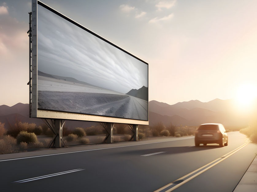 La imagen muestra una carretera con un paisaje desértico y montañas en el fondo. Un coche se aleja por la vía bajo una luz cálida, posiblemente del atardecer o amanecer. A un lado de la carretera hay una gran valla publicitaria que parece reflejar el entorno, pero en una versión en blanco y negro, creando un efecto visual interesante. La valla da la impresión de ser un espejo o una imagen manipulada para generar un contraste con el paisaje real. La composición juega con la perspectiva y la integración del anuncio con el entorno, logrando un impacto visual llamativo.