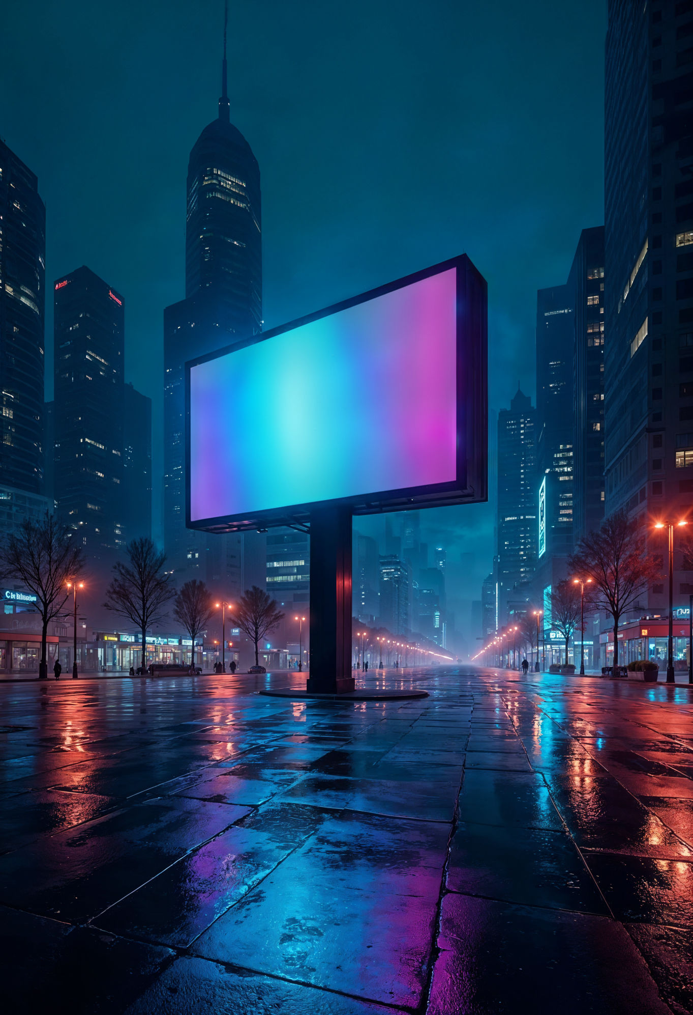 La imagen muestra un entorno urbano nocturno con un gran cartel publicitario iluminado en tonos degradados de azul, rosa y morado. El escenario es una ciudad moderna con rascacielos altos y luces brillantes que destacan en la oscuridad. El suelo está mojado, reflejando las luces del cartel y las farolas que iluminan la calle, lo que sugiere que ha llovido recientemente. La perspectiva de la imagen lleva la vista hacia el fondo, donde una avenida bien iluminada se extiende en la distancia. Los árboles alineados a los lados y los edificios con luces encendidas crean una atmósfera vibrante y futurista. La composición transmite una sensación de modernidad, dinamismo y un estilo ciberpunk debido a la iluminación neón y la estética urbana nocturna.